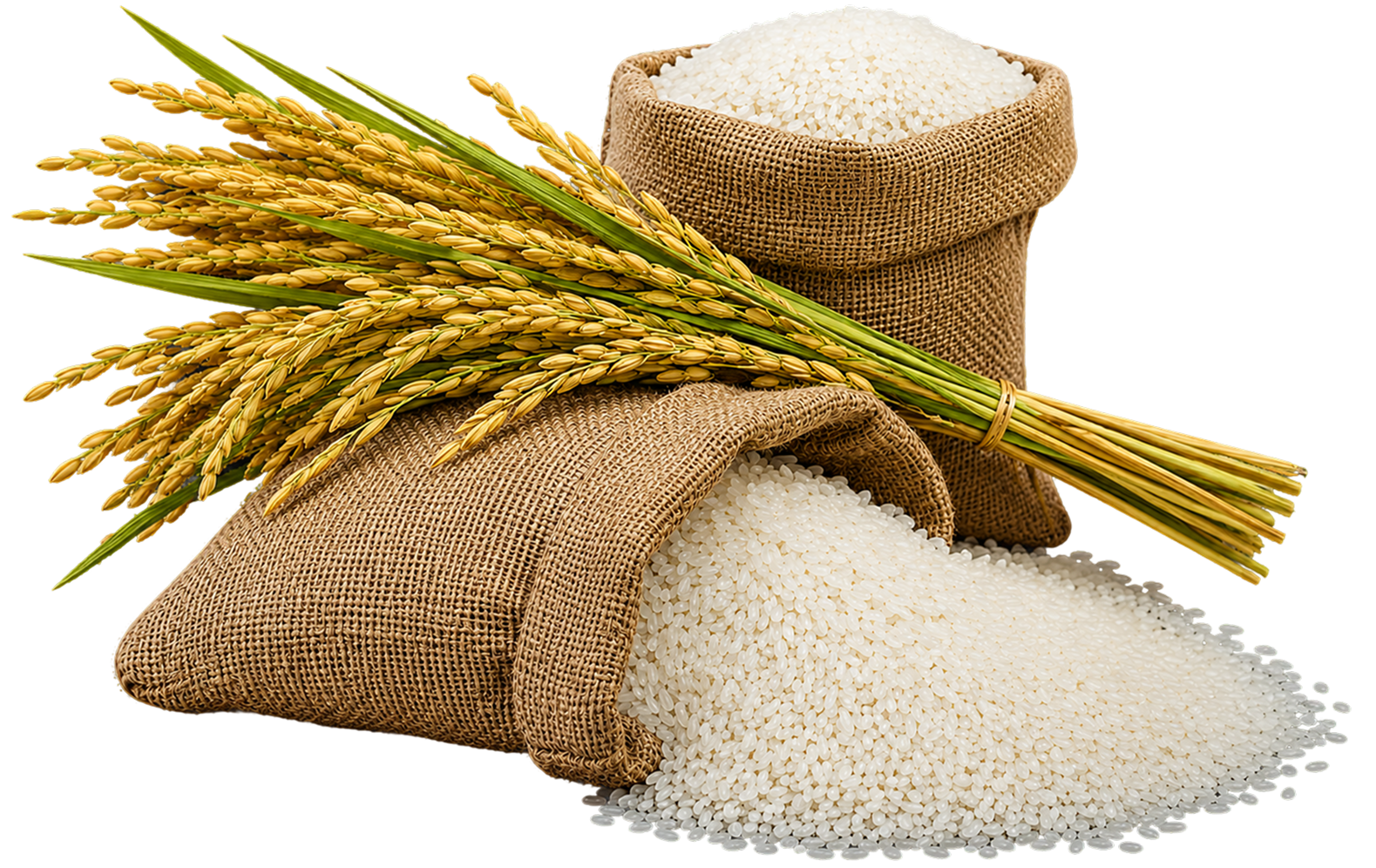 Sacos de arroz e ramos de arroz